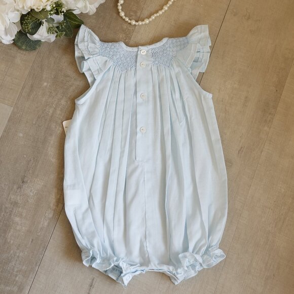 Smocked Blue Heirloom Romper Boutique Pin Tucks Bullion Embroidery NWT - Picture 3 of 5